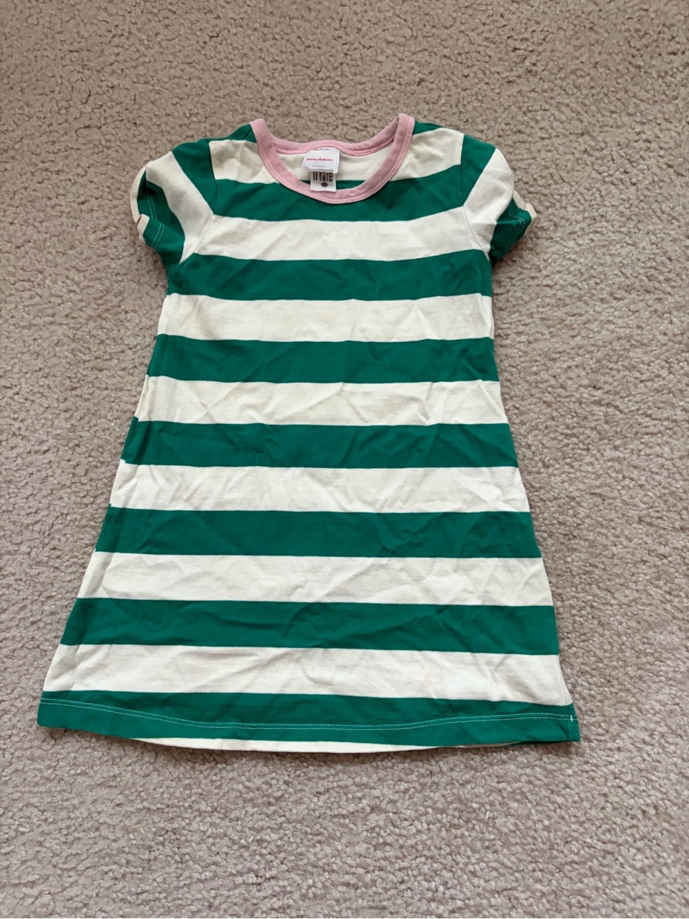 Hanna Andersson Green and White Striped Dress with Pink Neckline